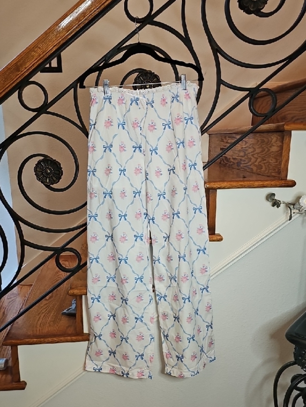 Peach Love California Cream Wide-Leg Pants with Blue Bow & Pink Floral Print